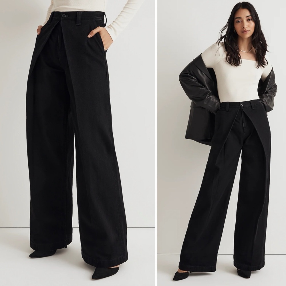 Madewell NWT Extra Wide Leg Trouser Jeans 29 8 true black rigid denim pleated